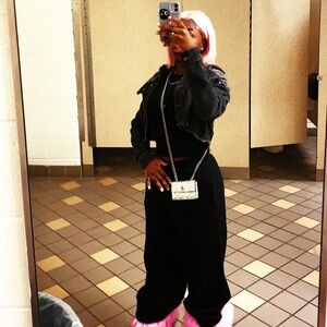 Black Denim Jacket with Chain Bag